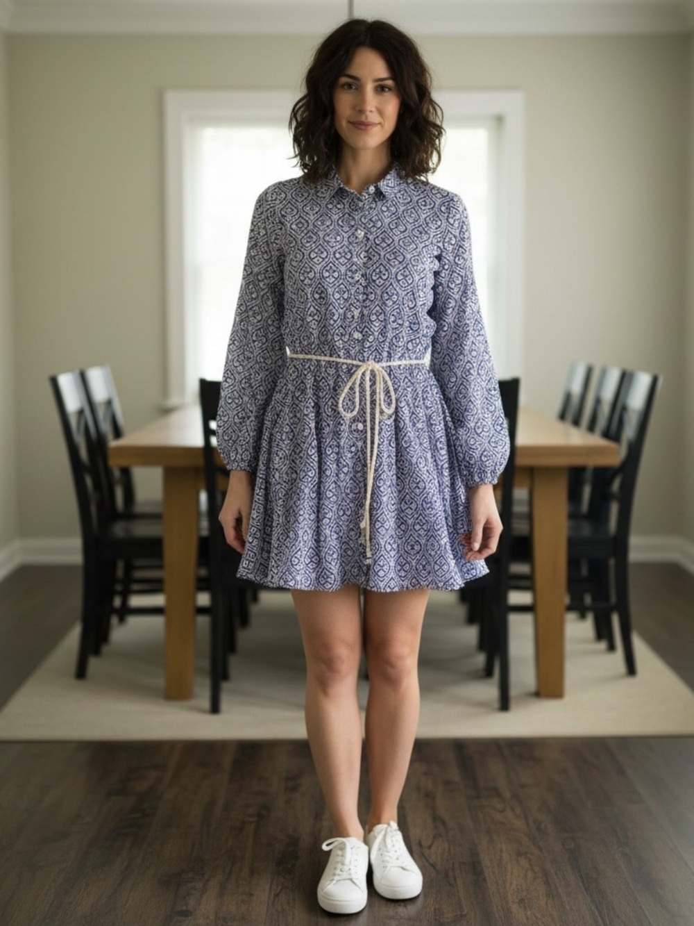 ZARA Blue and White Geometric Tile Print Mini Dress with Rope Belt - Size S